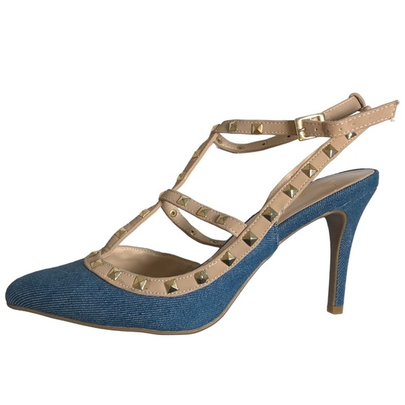 BAMBOO Shoes - Bamboo Women’s Studded Heels Denim Size 8.5
